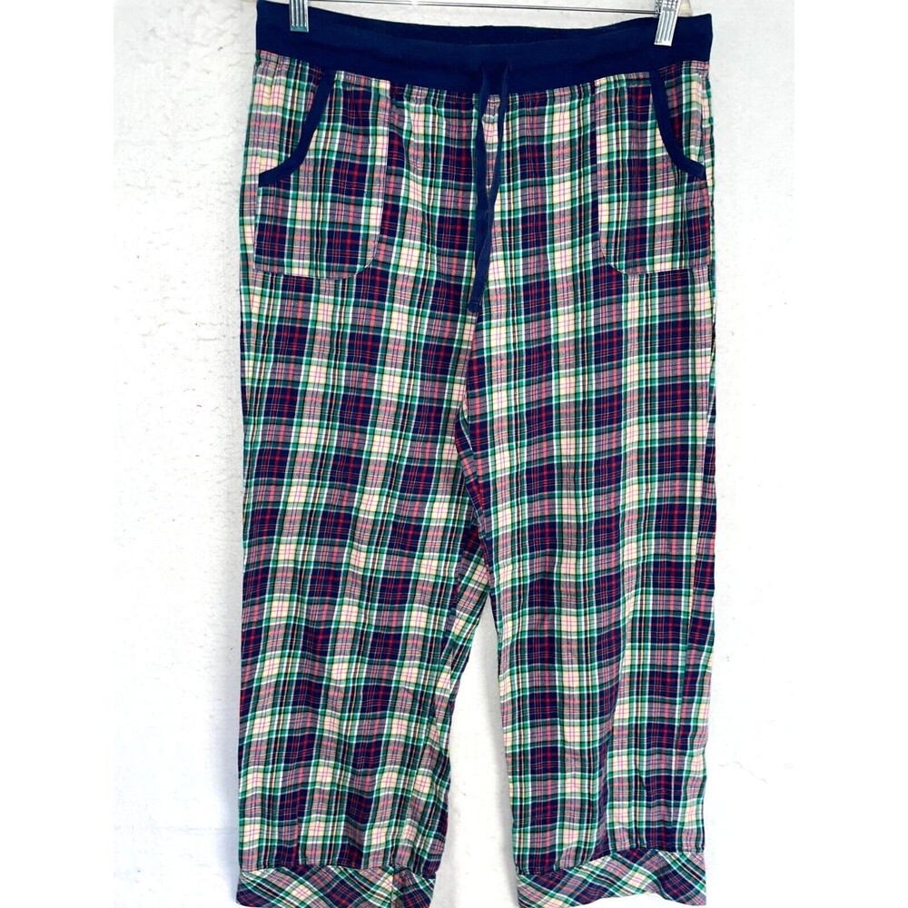 Victoria Secret pajama pants sz L women's cotton flannel blue green plaid Pocket